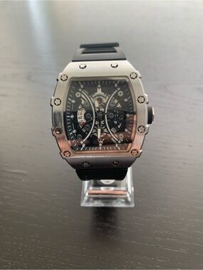 Black Skeleton Dial Silver Bezel Sports Watch - RM style